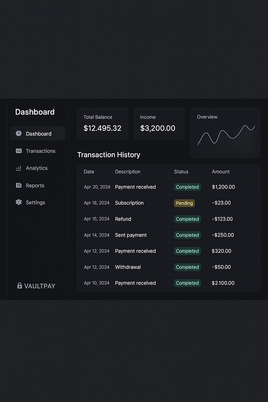 VaultPay fintech dashboard interface