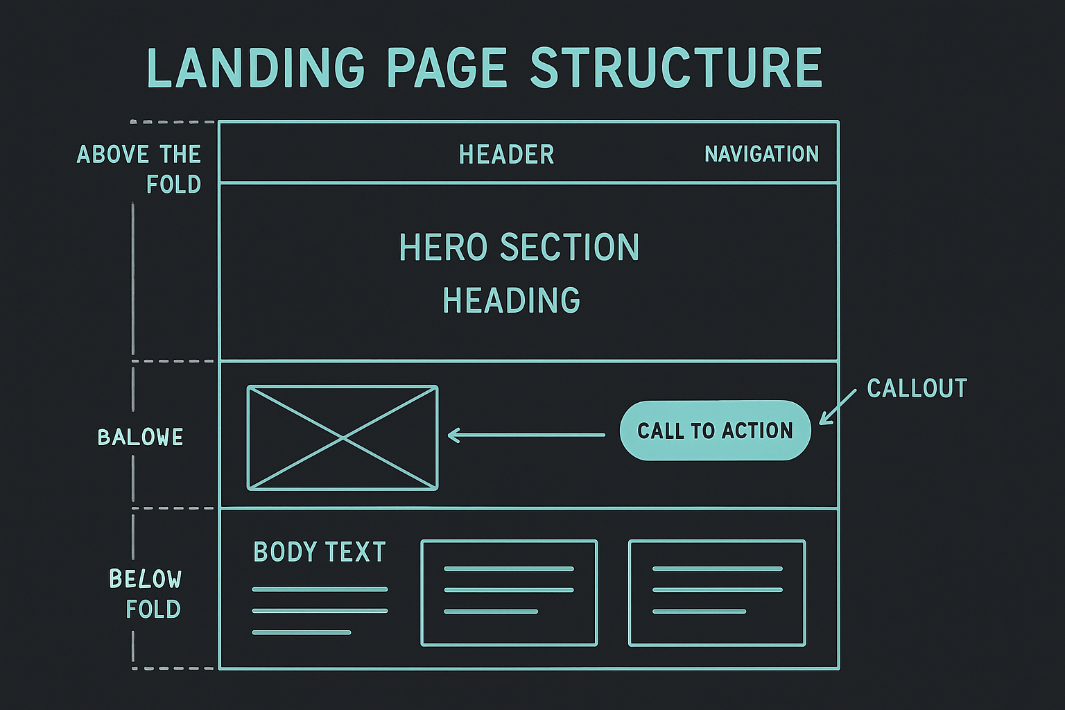Diagram showing a landing page structure audit with annotations on information hierarchy and conversion flow